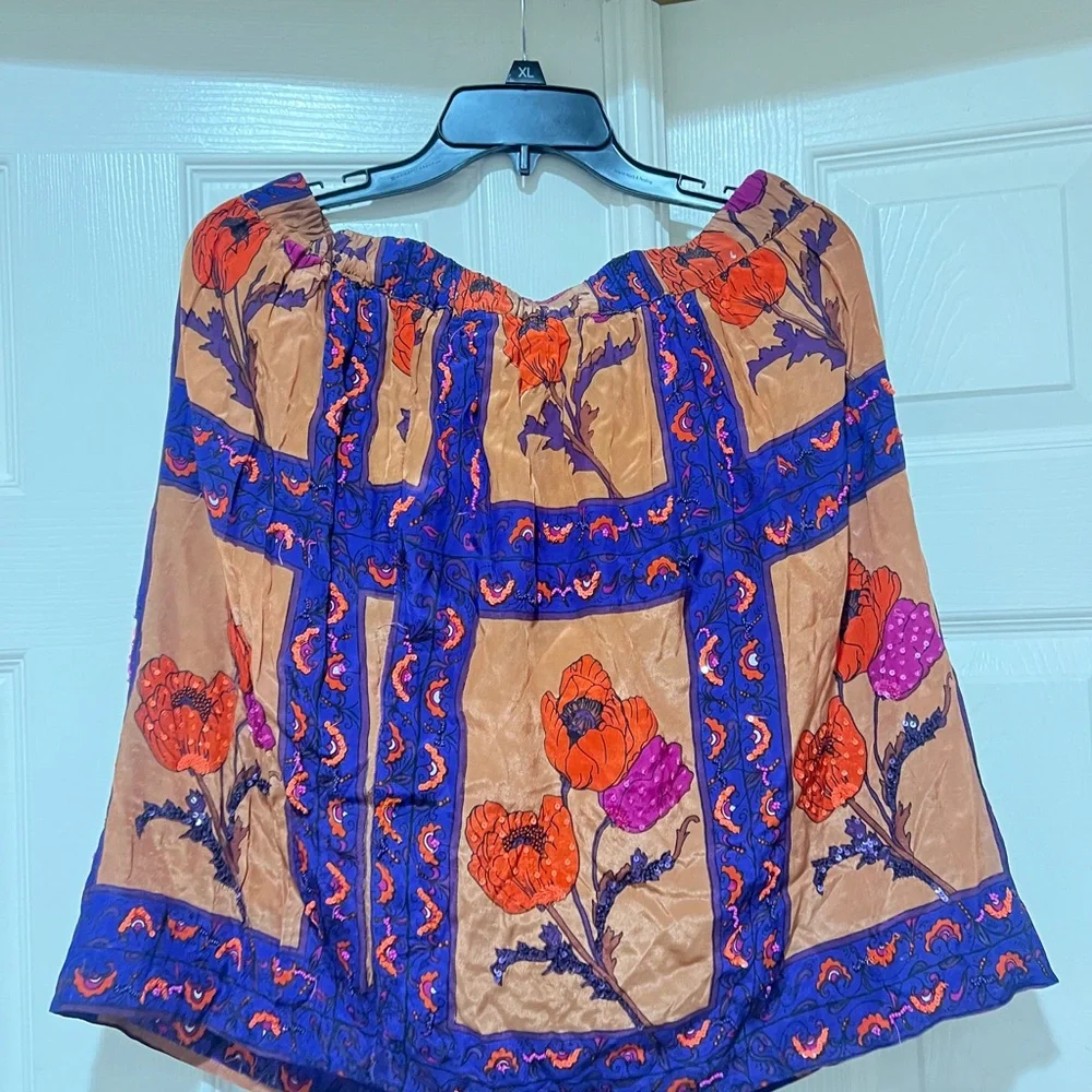 Maeve multicolor floral silk sequins mini Skirt stretch‎ waist Size large